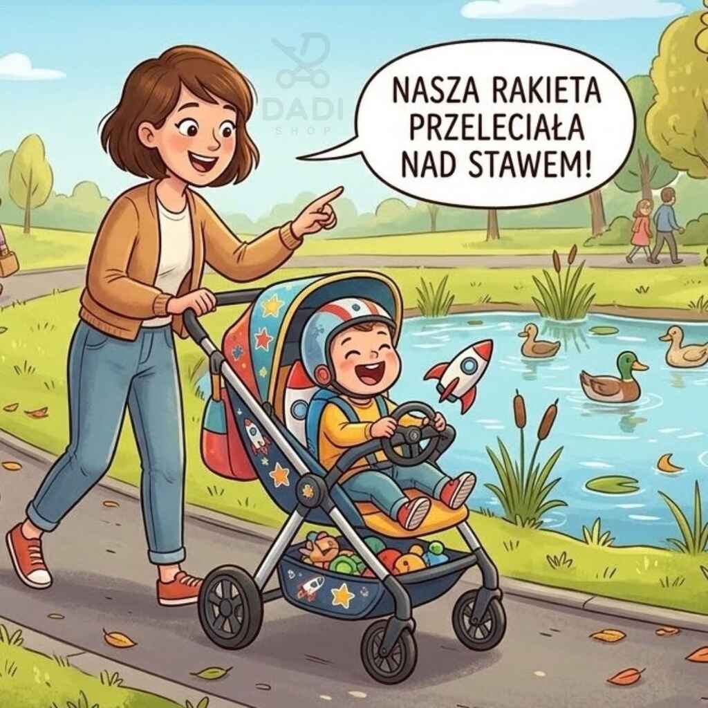 Mama opowiada dziecku historię o rakiecie podczas spaceru nad stawem. Kreatywna zabawa w wózku spacerowym.